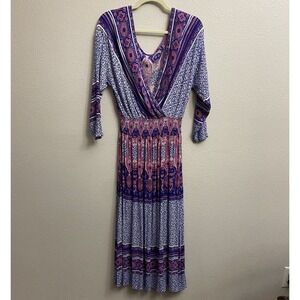 Free People She's A Lady‎ Flowy V Neck Midi Dress Size Small Smocked Waist Boho